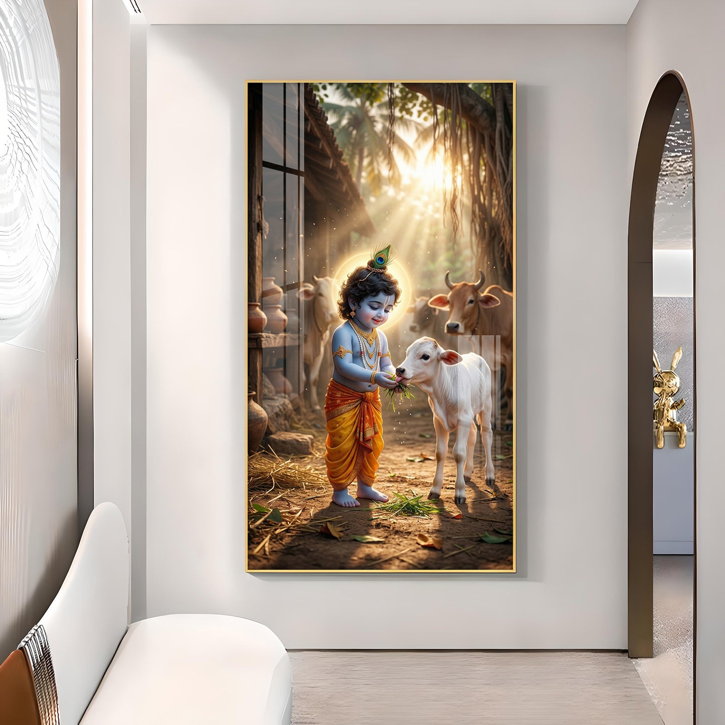 LIttle Krishna With Calf Glass Finish Vertical Wall Art