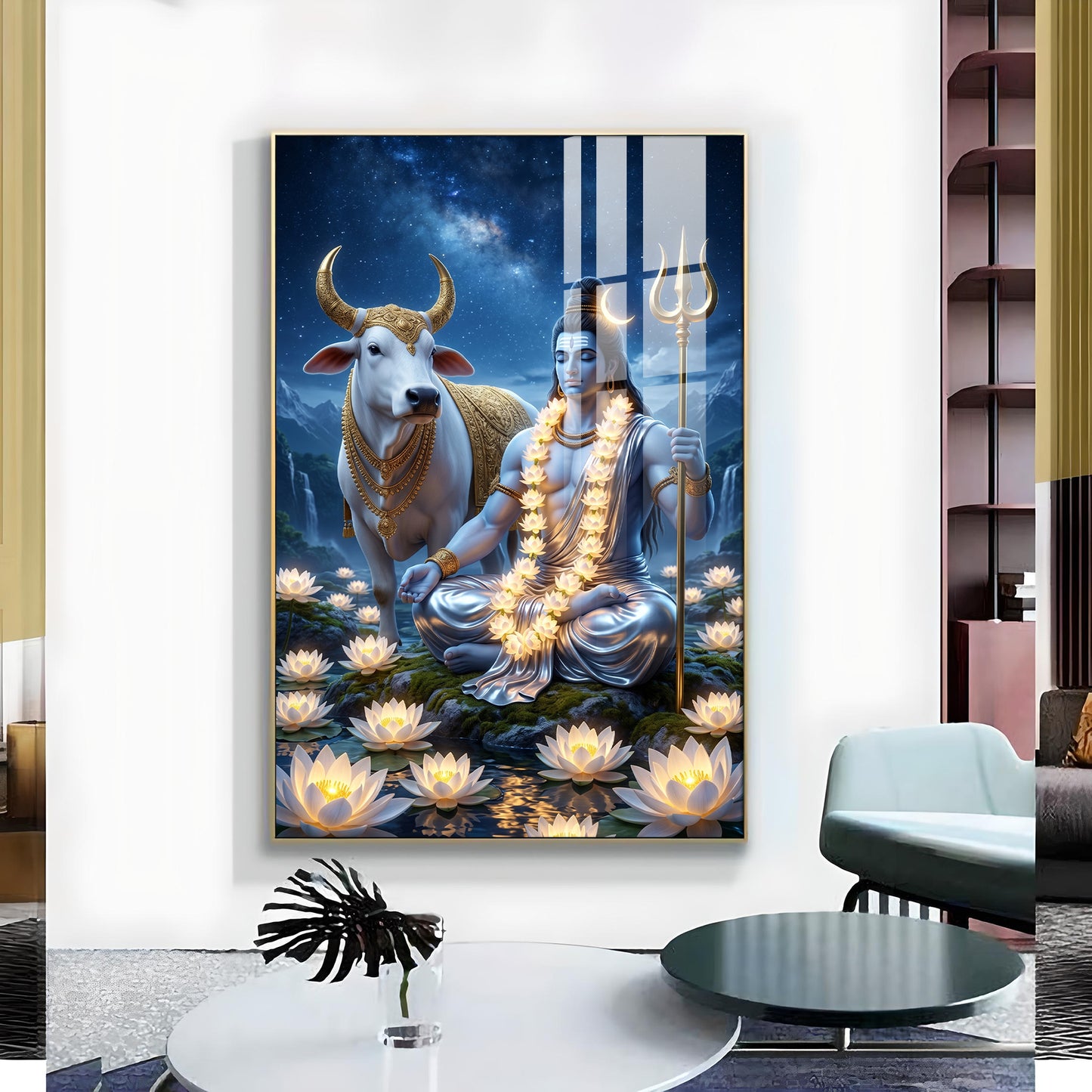 Lord Shiva Meditating Beside Nandi Glass Finish Vertical Wall Art