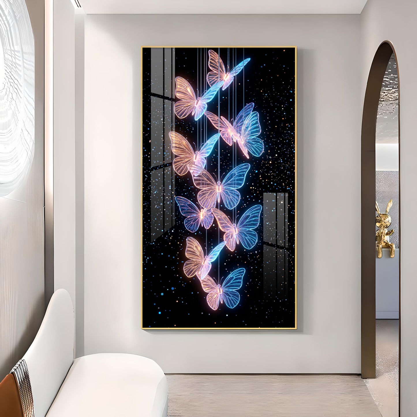 Blue & Pink Glowing Butterflies Glass Finish Vertical Wall Art
