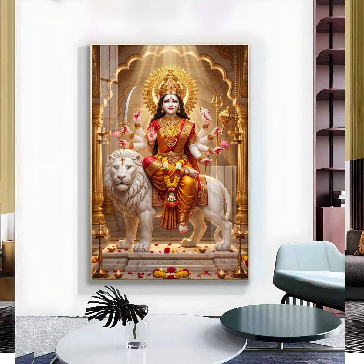 Goddess Durga Mata Glass Finish Vertical Wall Art