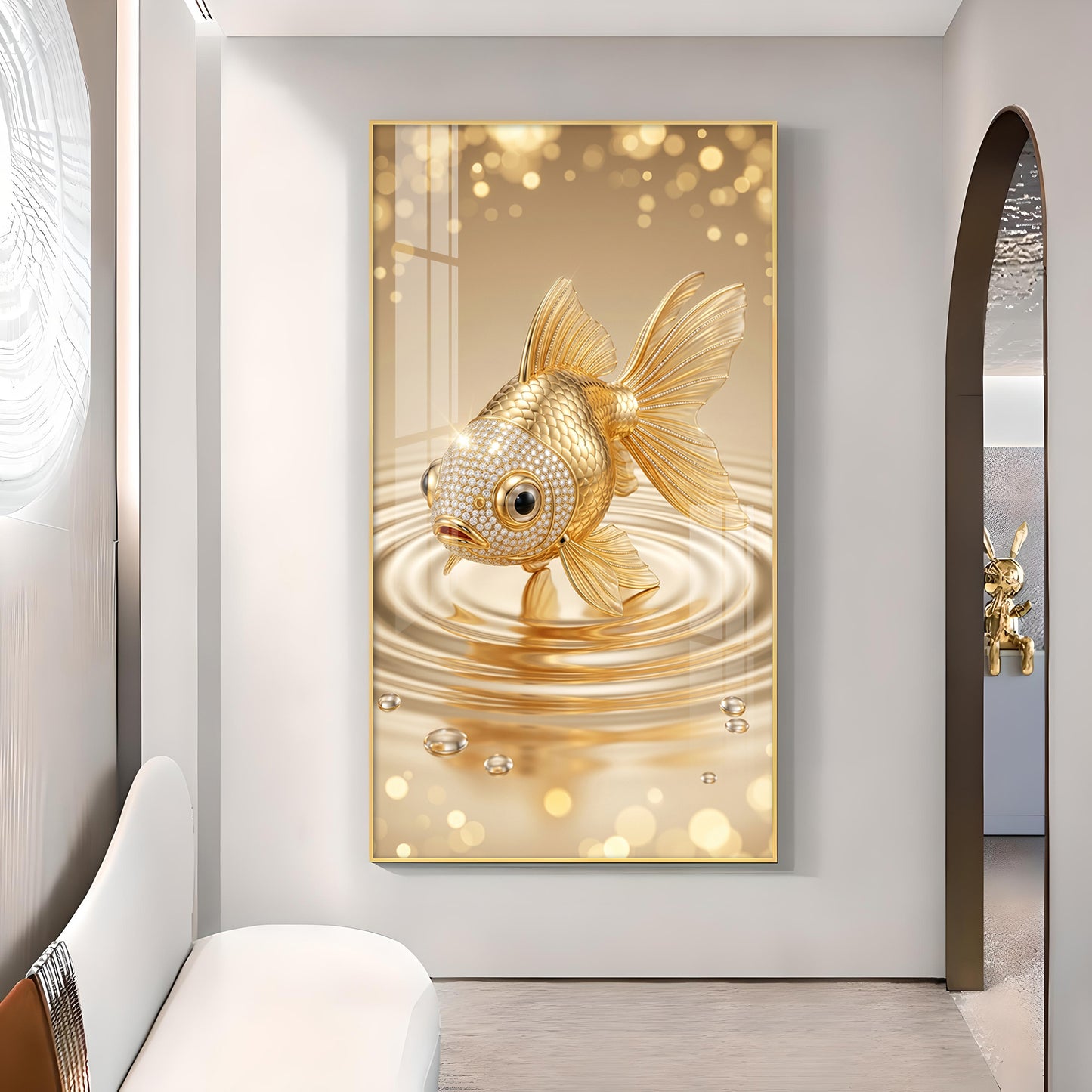 Lucky Golden Fish Glass Finish Vertical Wall Art