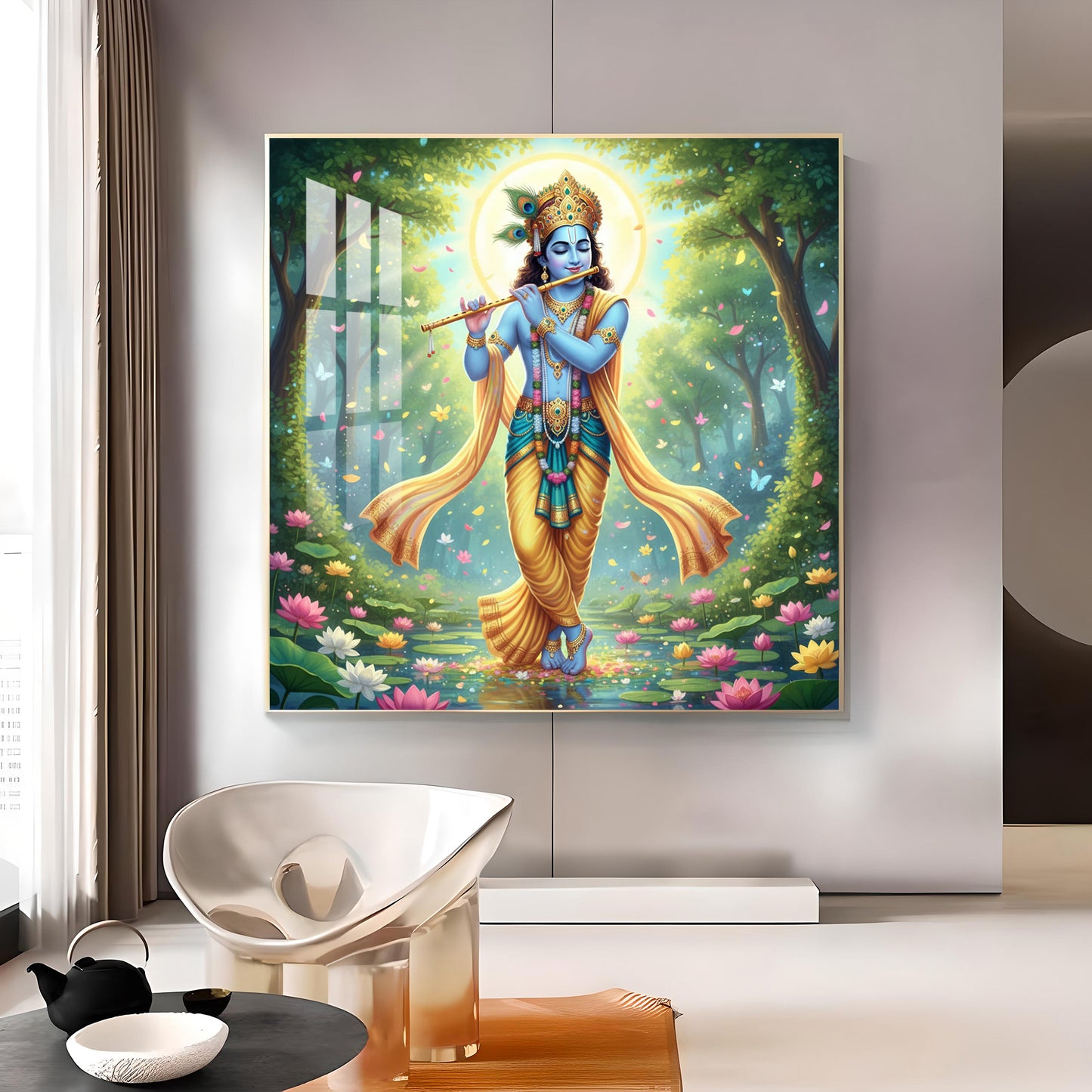 Lord Krishna With Blue Skin Glass Finish Square Wall Art