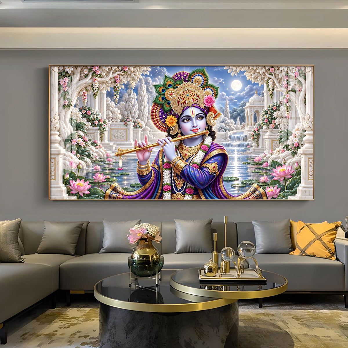 Beautiful Lord Krishna Playing Flute Glass Finish Horizontal Wall Art