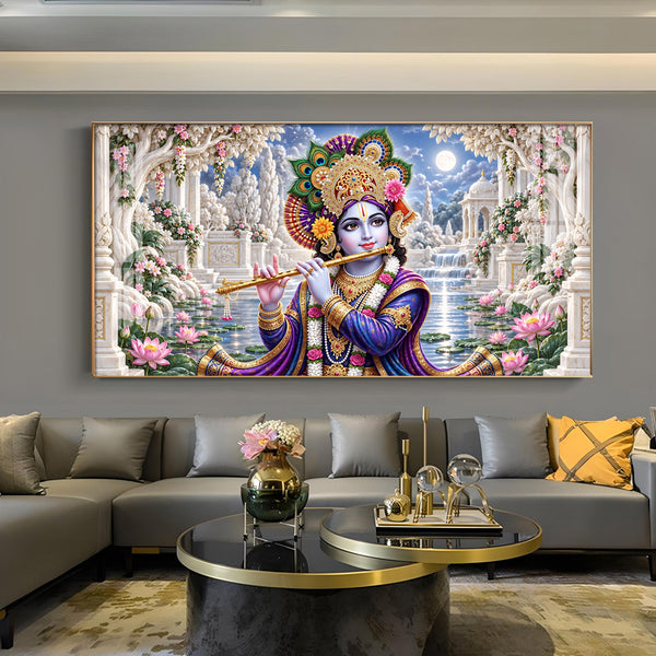 Beautiful Lord Krishna Playing Flute Glass Finish Horizontal Wall Art