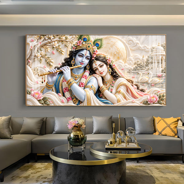 Radha & Krishna With Bansuri Glass Finish Horizontal Wall Art