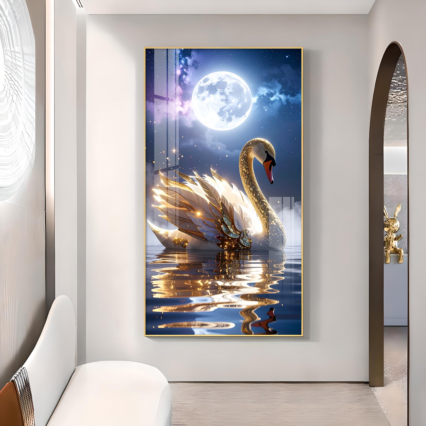Majestic swan with feathers Glass Finish Vertical Wall Art