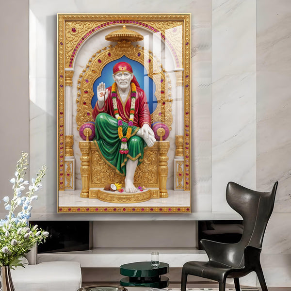 Spiritual Sai Baba Glass Finish Vertical Wall Art