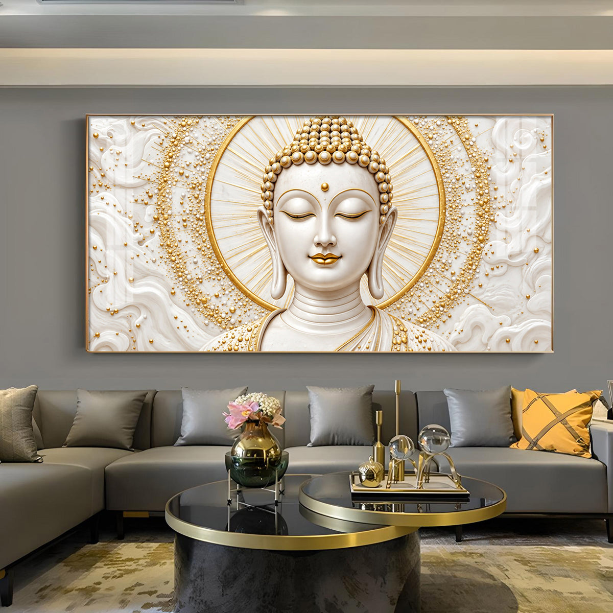 Golden Gautam Buddha Glass Finish Vertical Wall Art