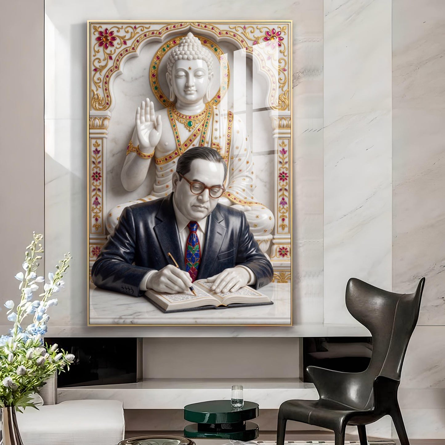 Dr. B.R. Ambedkar and Buddha Glass Finish Vertical Wall Art
