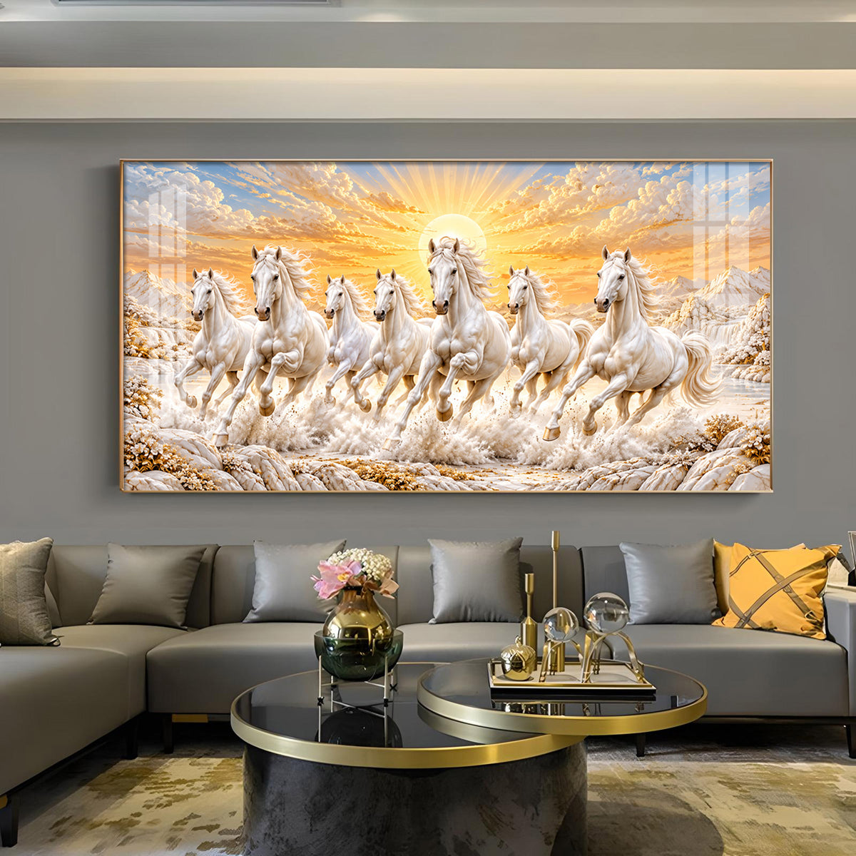 Seven White Horses Glass Finish Horizontal Wall Art