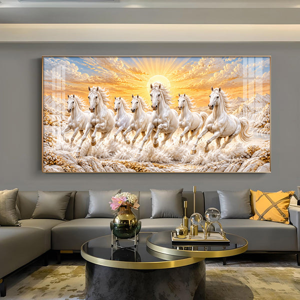 Seven White Horses Glass Finish Horizontal Wall Art
