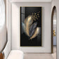 Black & Gold Feathers With Delicate Butterflies Glass Finish Vertical Wall Art