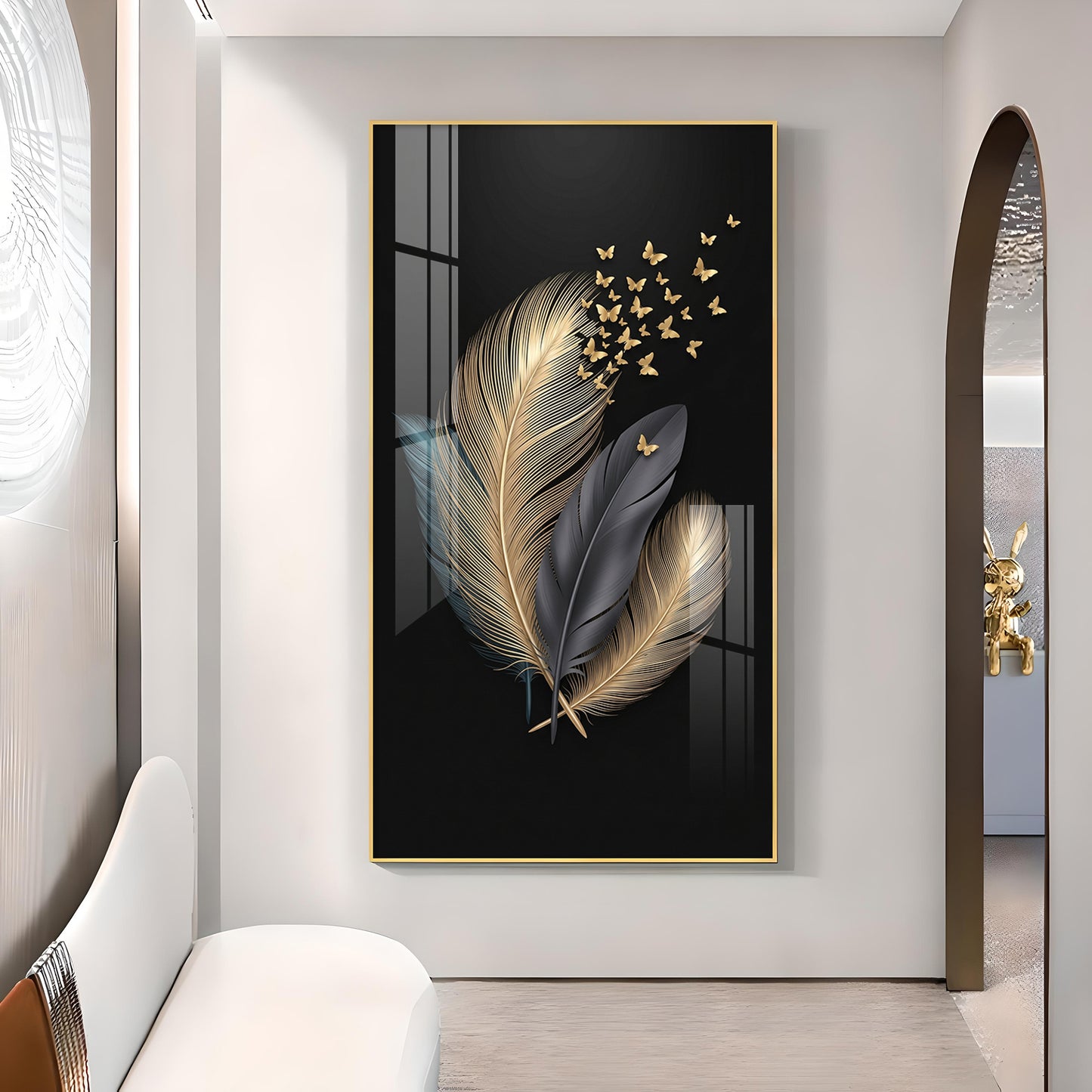 Black & Gold Feathers With Delicate Butterflies Glass Finish Vertical Wall Art