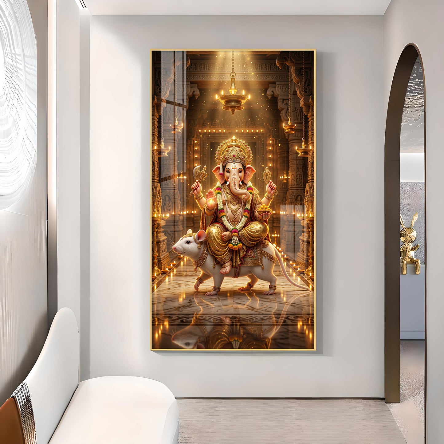 Ganesh Ji With Mushak Glass Finish Vertical Wall Art
