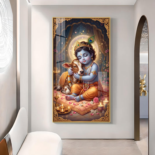 Little Kanha With Calf Glass Finish Vertical Wall Art