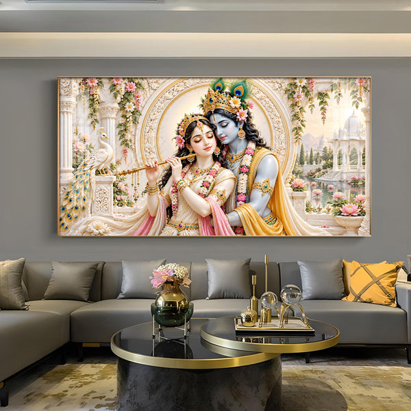 Divine Radha Krishna With Bansuri Glass Finish Horizontal Wall Art