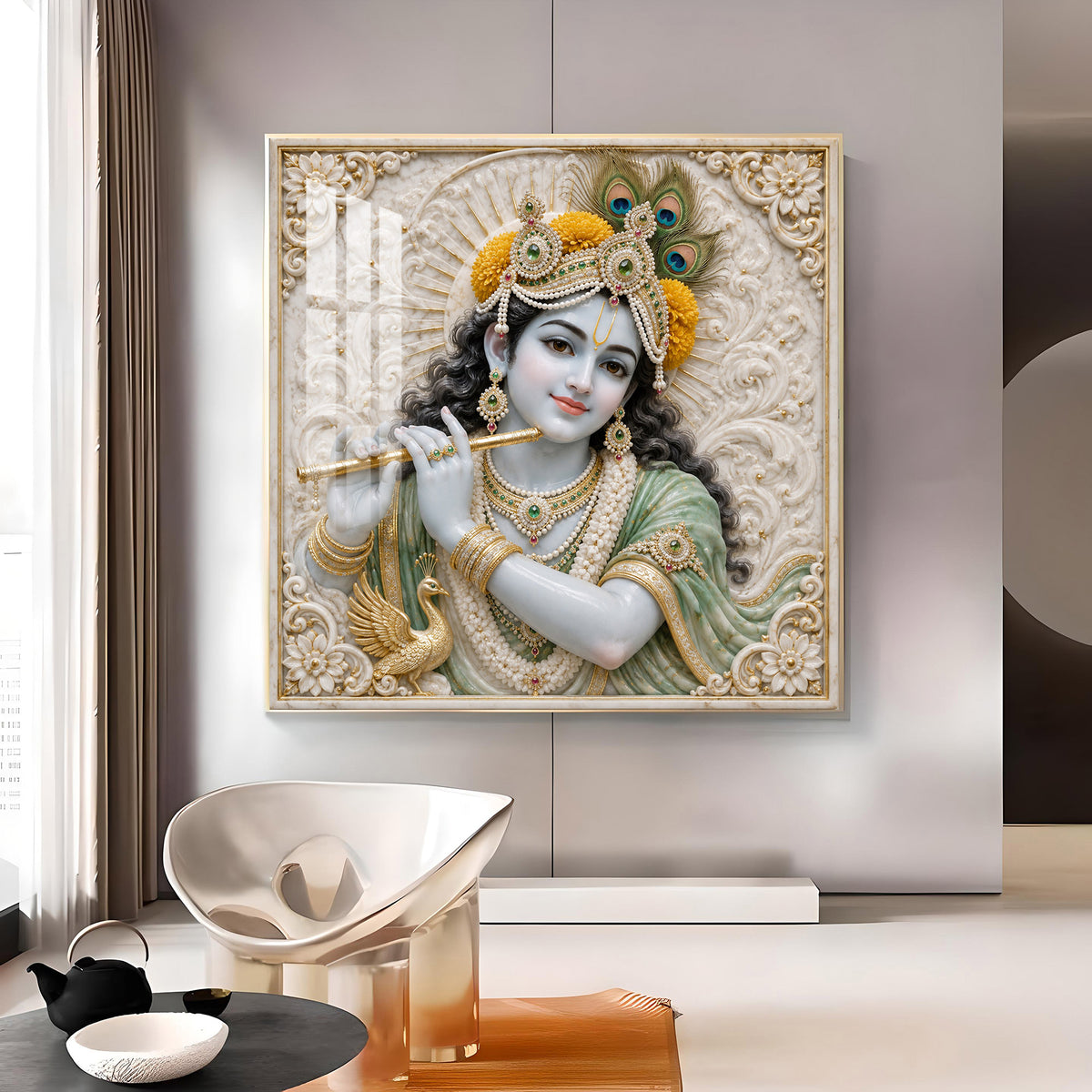 Lord Krishna In Green Poshak Glass Finish Square Wall Art