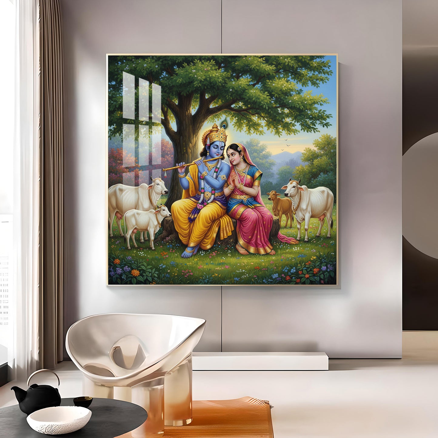 Radha Krishna With Cow Glass Finish Square Wall Art