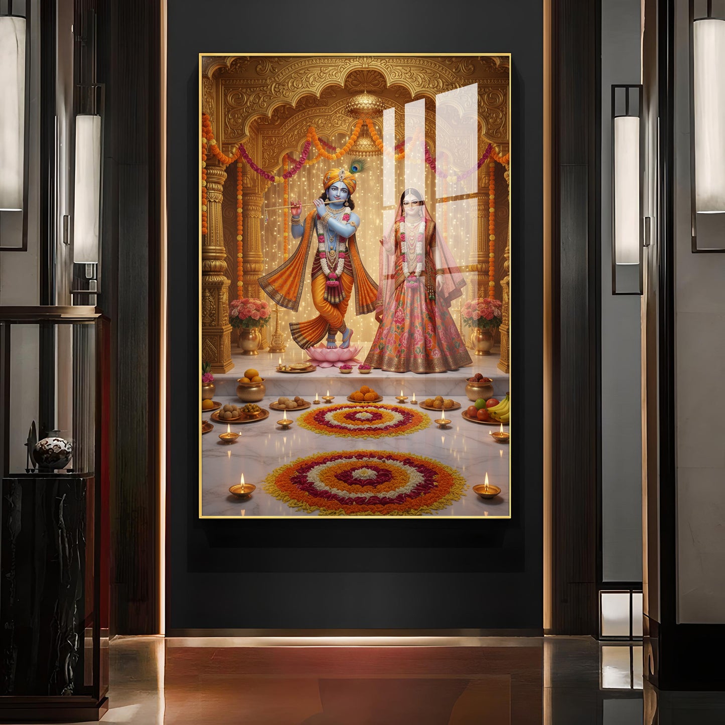 Spiritual Serenity Radha Love Krishna Glass Finish Vertical Wall Art