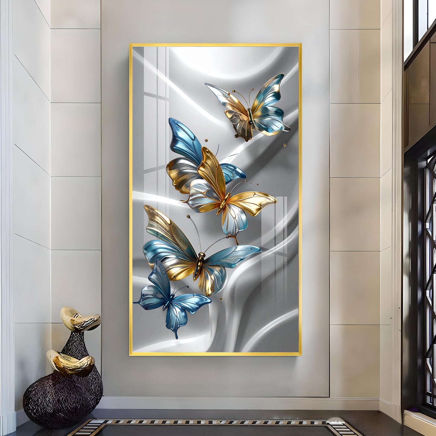 Golden Blue Flutter Glass Finish Vertical Wall Art