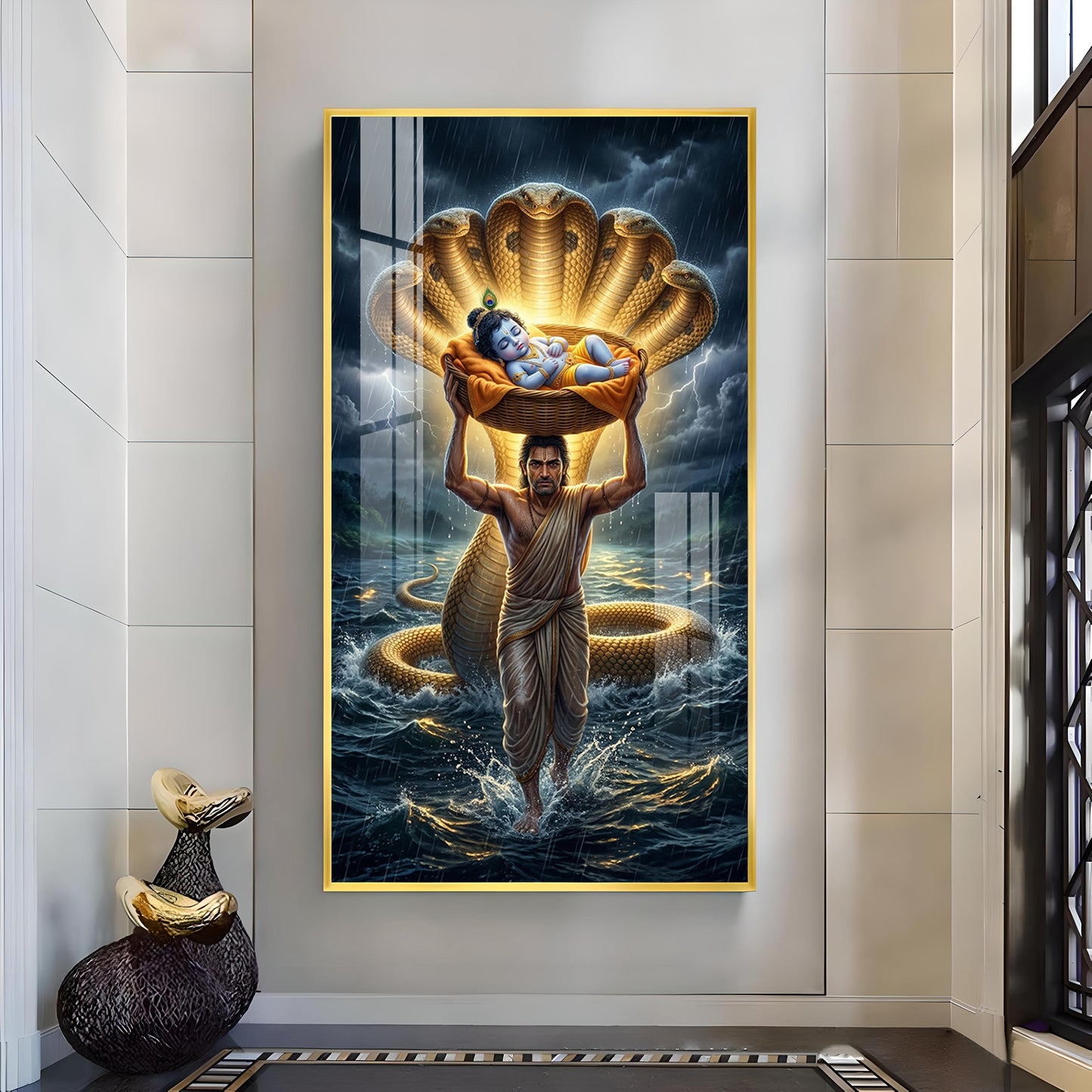 Lord Krishna with Vasudeva Glass Finish Vertical Wall Art