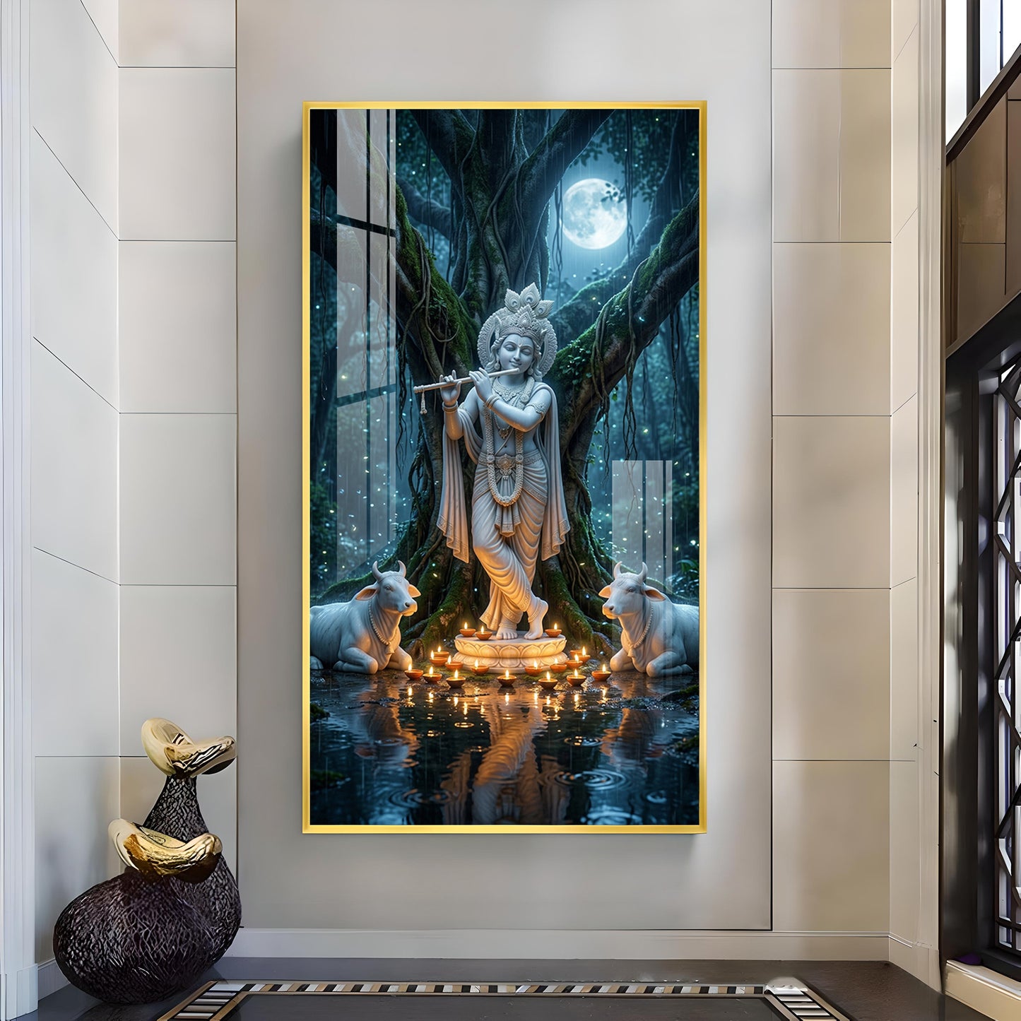 God Shree Krishna Glass Finish Vertical Wall Art
