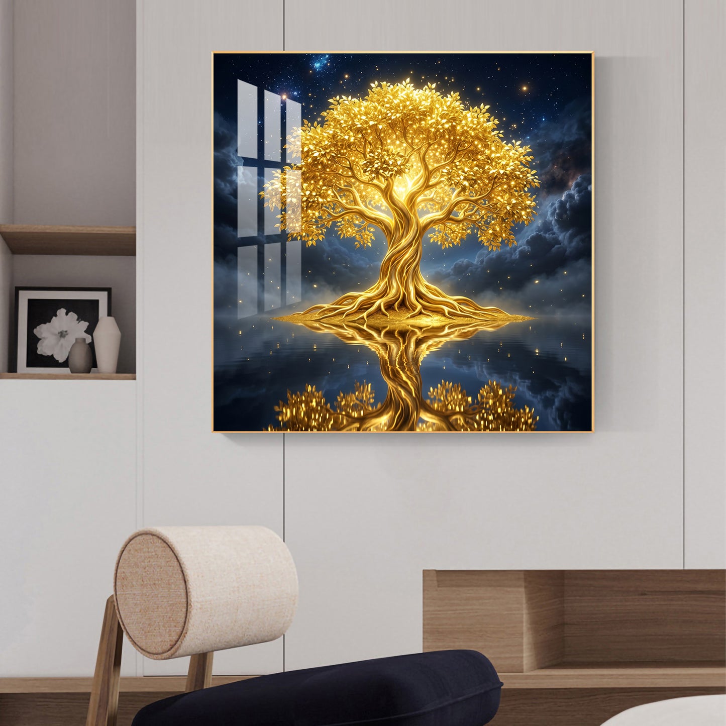 Divine Tree Kalpavriksha Glass Finish Square Wall Art
