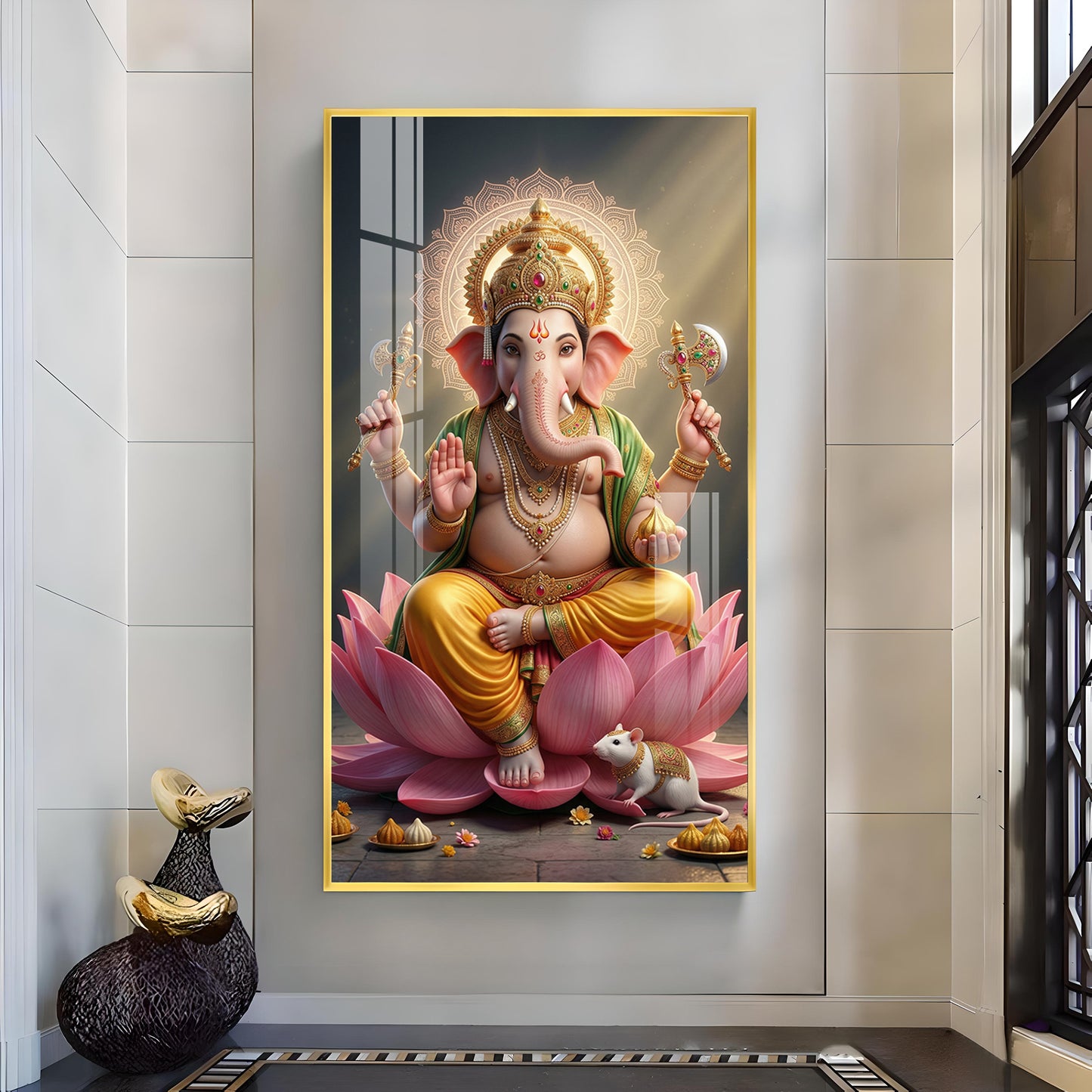 Lord Ganesh Ji Glass Finish Vertical Wall Art