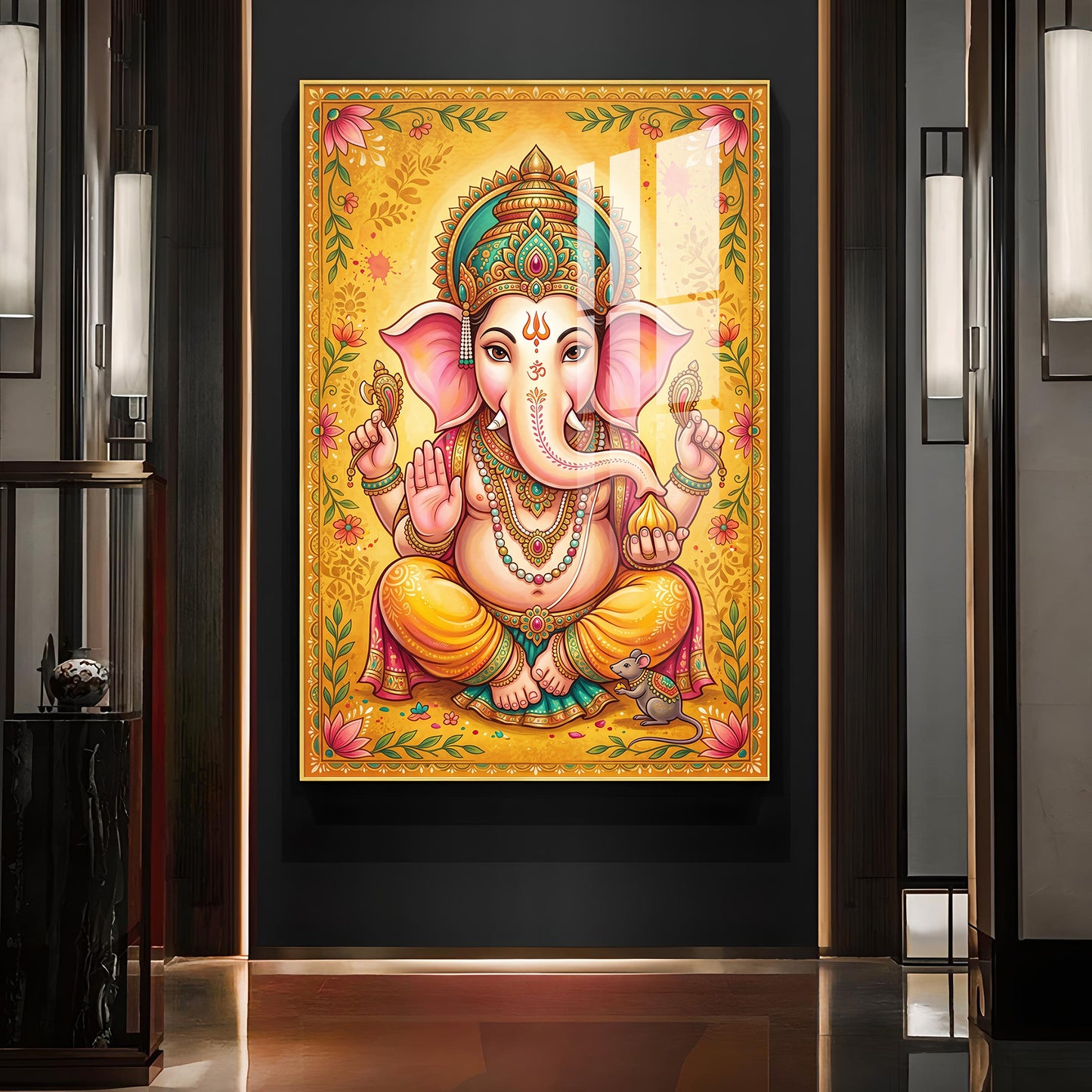 Shree Ganesh Bhagwan Glass Finish Vertical Wall Art