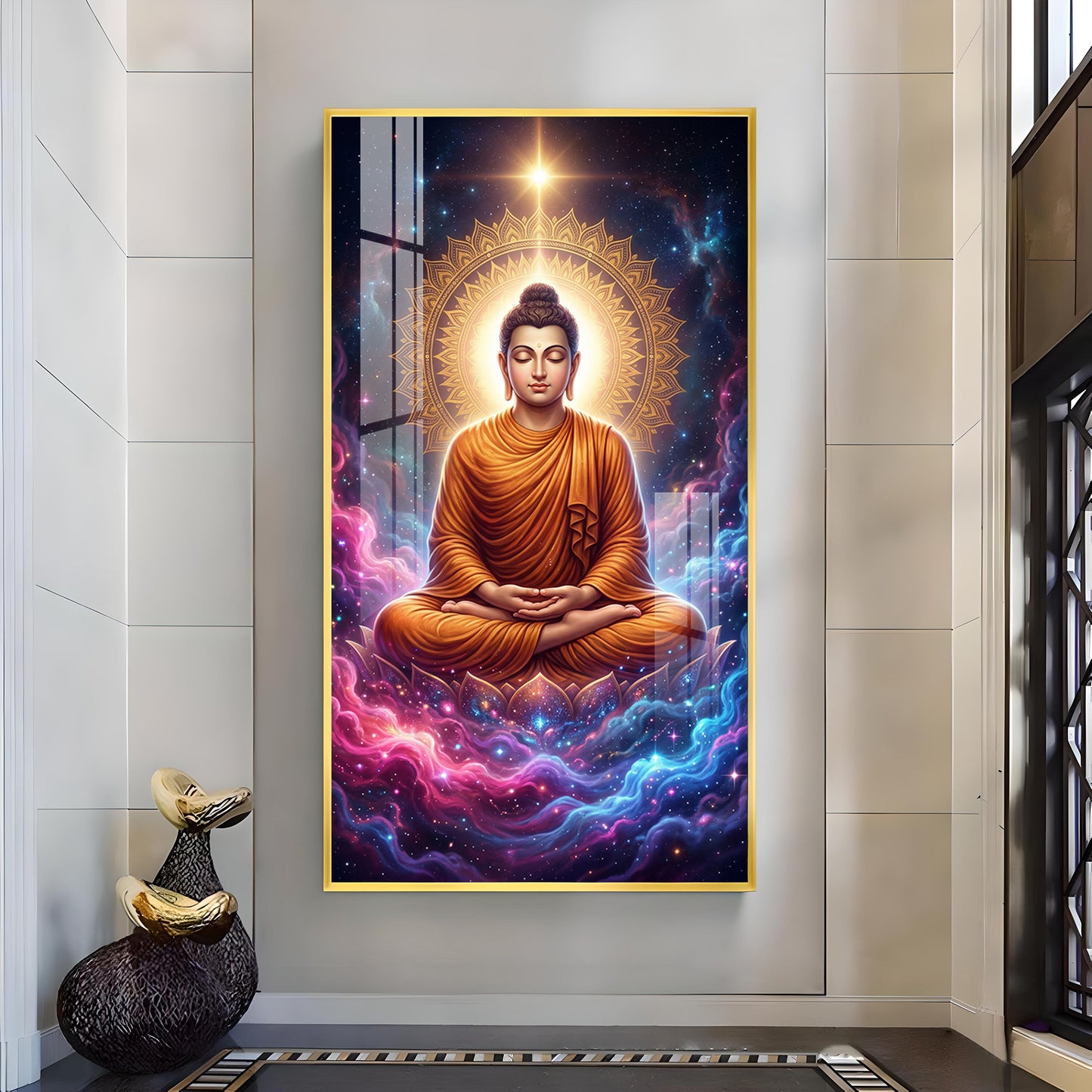 Lord Gautam Buddha Glass Finish Vertical Wall Art