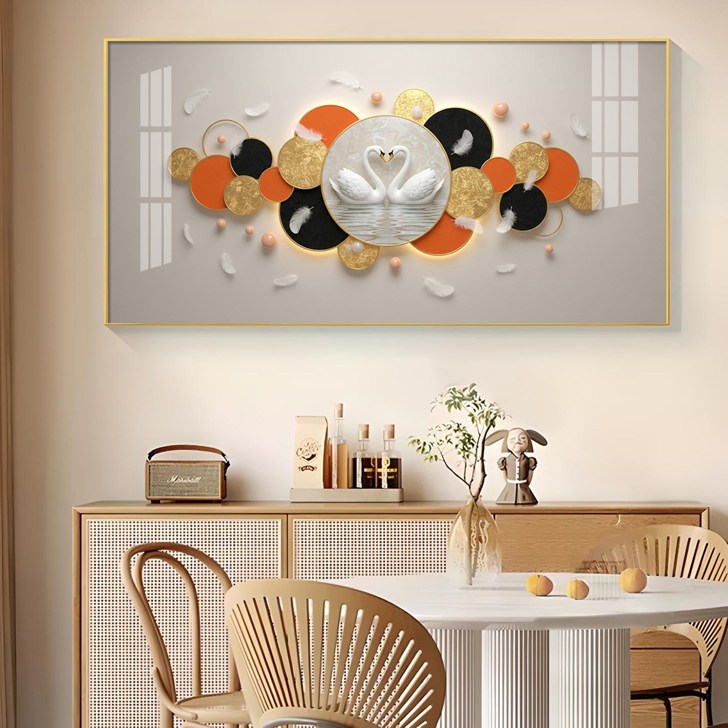 Pair Of White Swan Glass Finish Horizontal Wall Art
