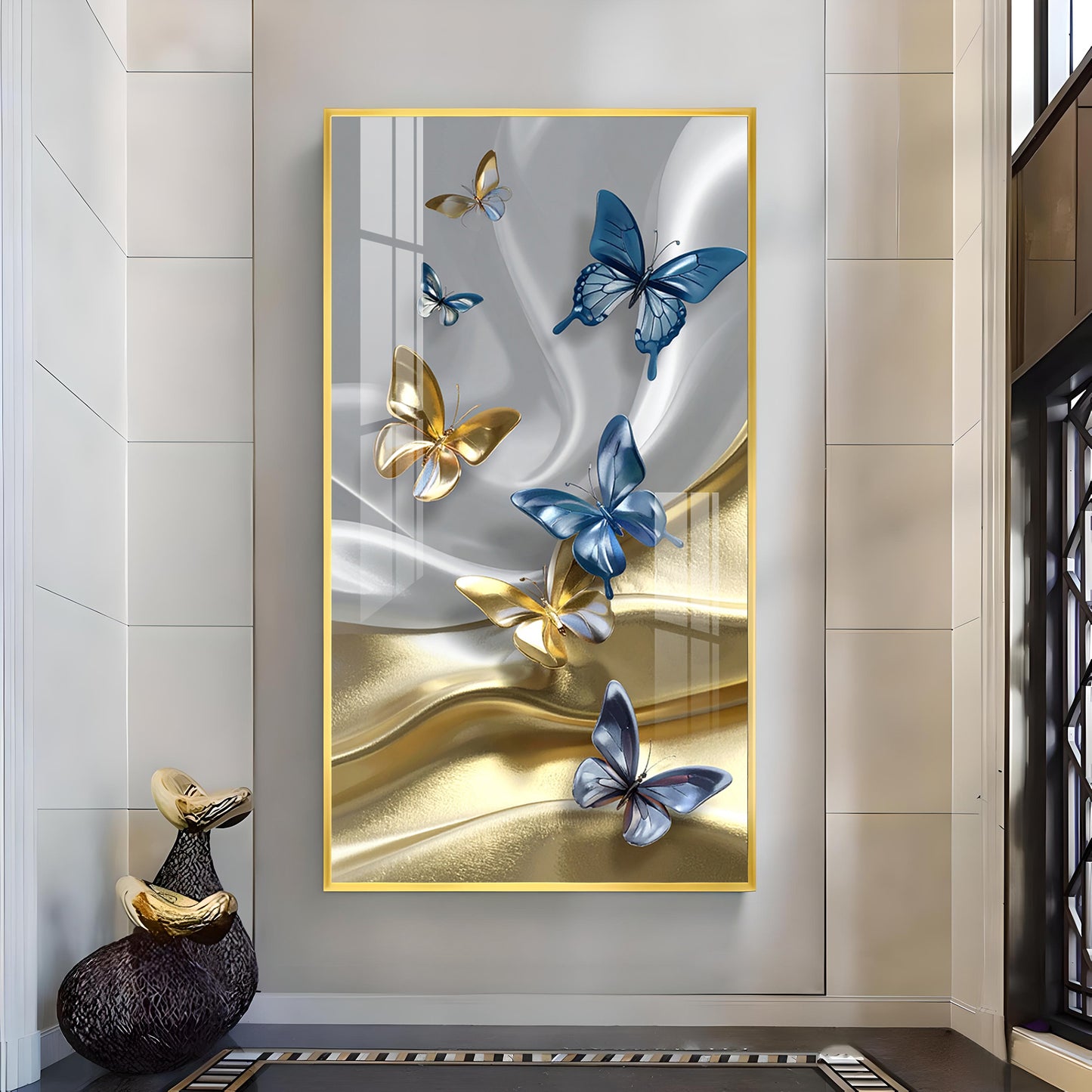Radiant Butterfly Dance Glass Finish Vertical Wall Art