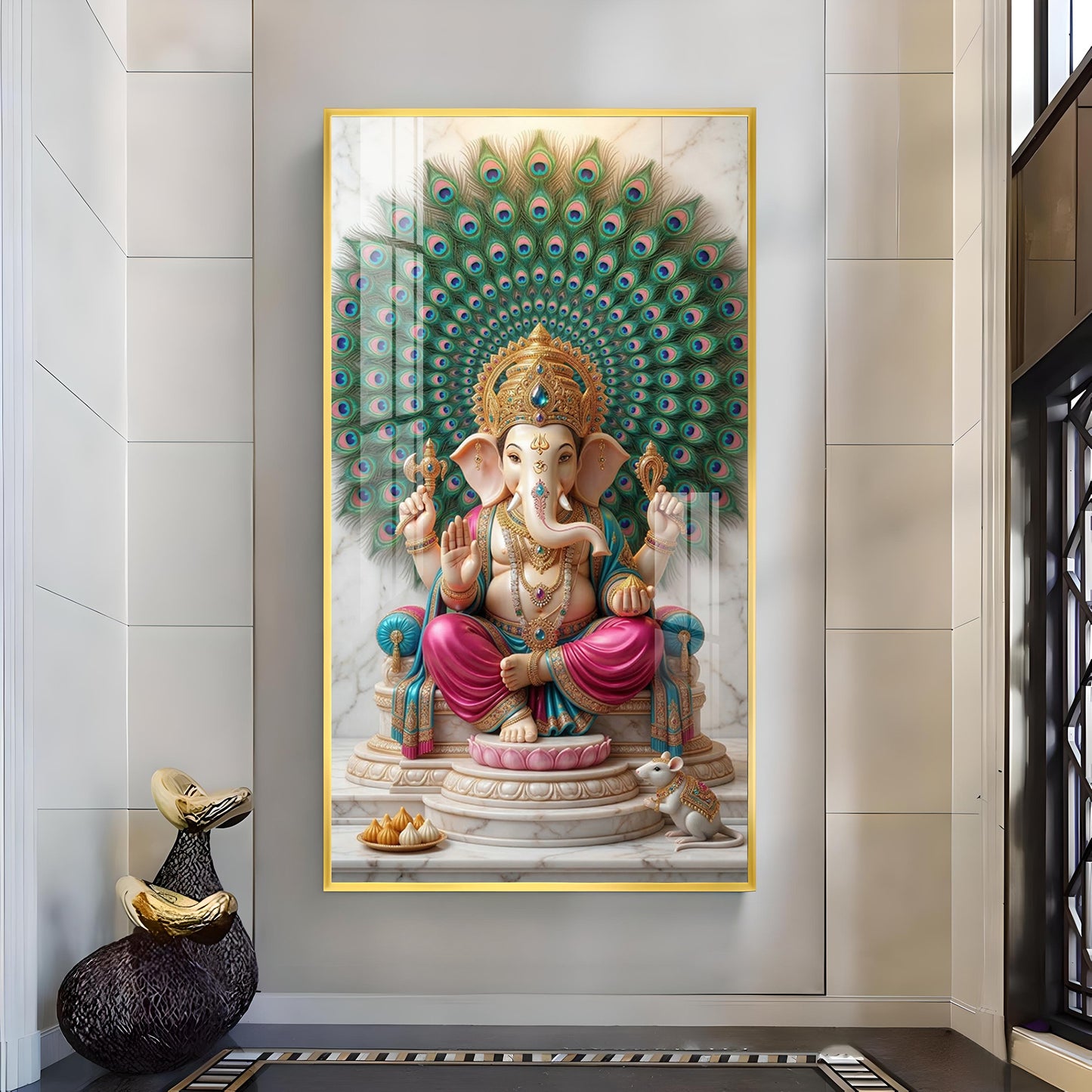 Lord Ganesha Glass Finish Vertical Wall Art