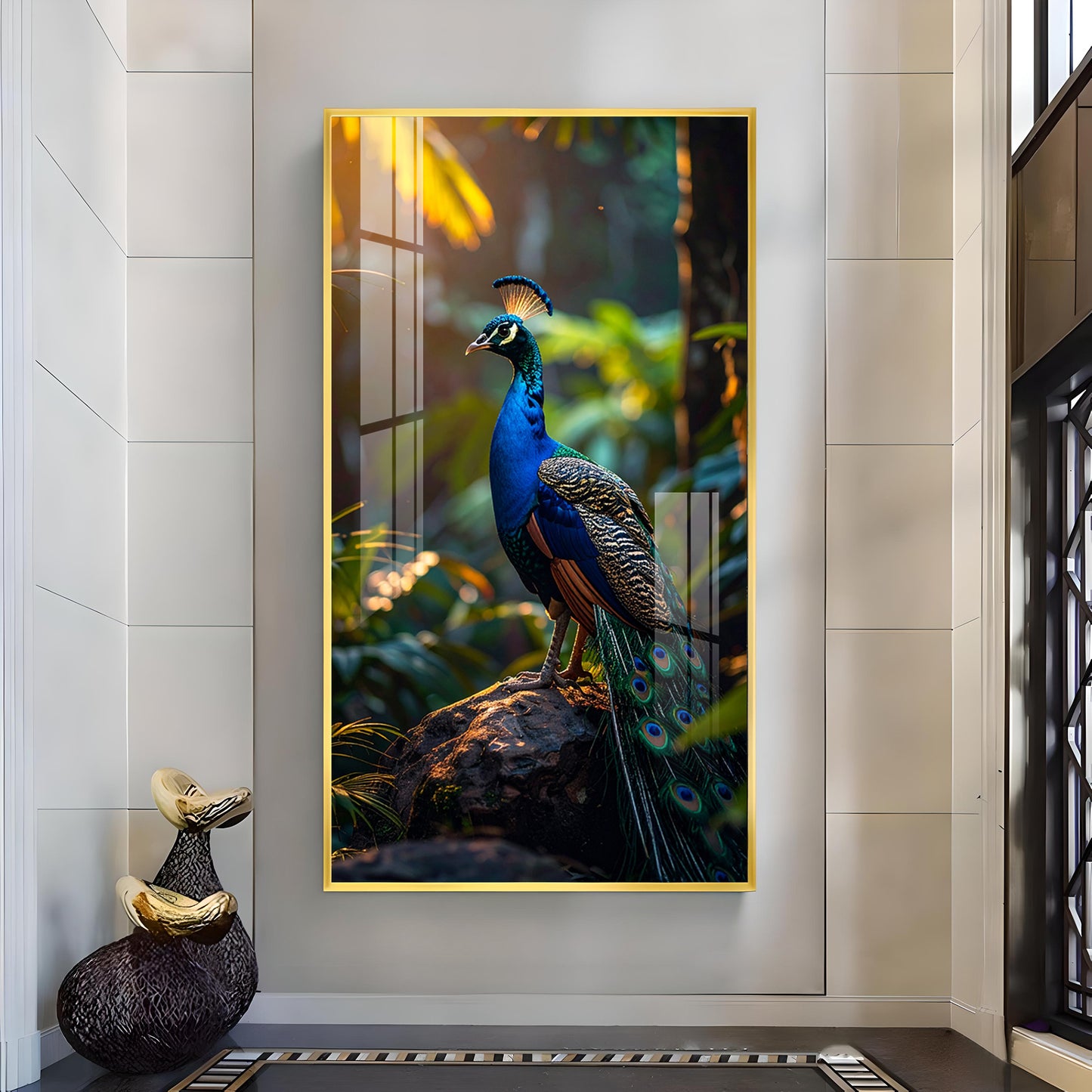 Peacock Perch Glass Finish Vertical Wall Art