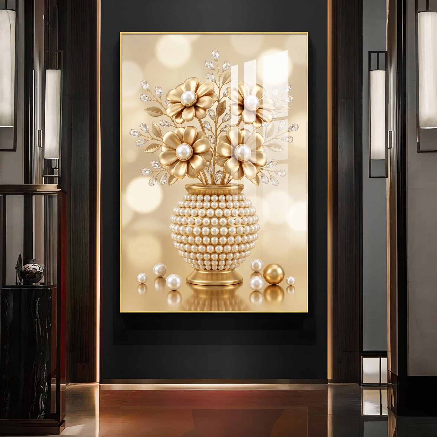 Golden Flowers With Vase Glass Finish Vertical Wall Art