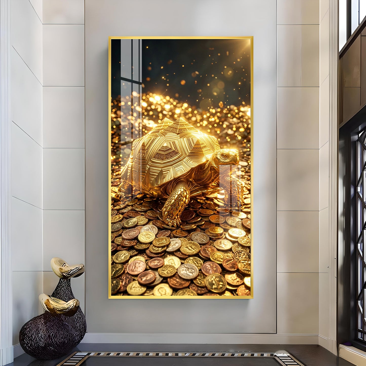 Lucky Turtle Glass Finish Vertical Wall Art