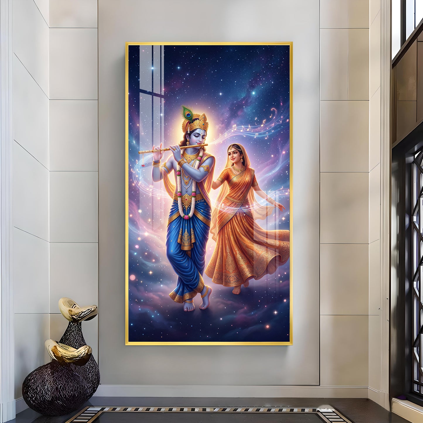 Radha Krishna Divine Glass Finish Vertical Wall Art