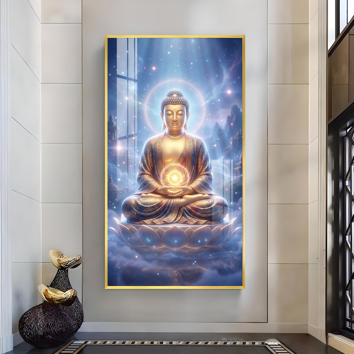 Meditating Lord Buddha Glass Finish Vertical Wall Art