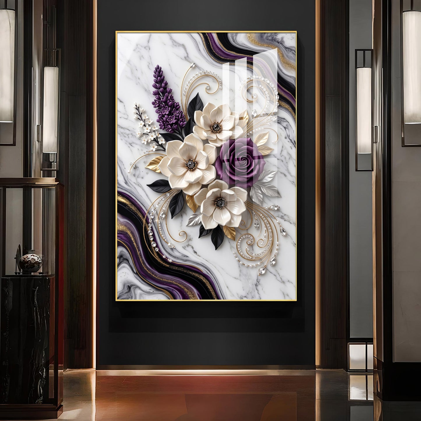 Beautiful Purple & White Flowers Glass Finish Vertical Wall Art