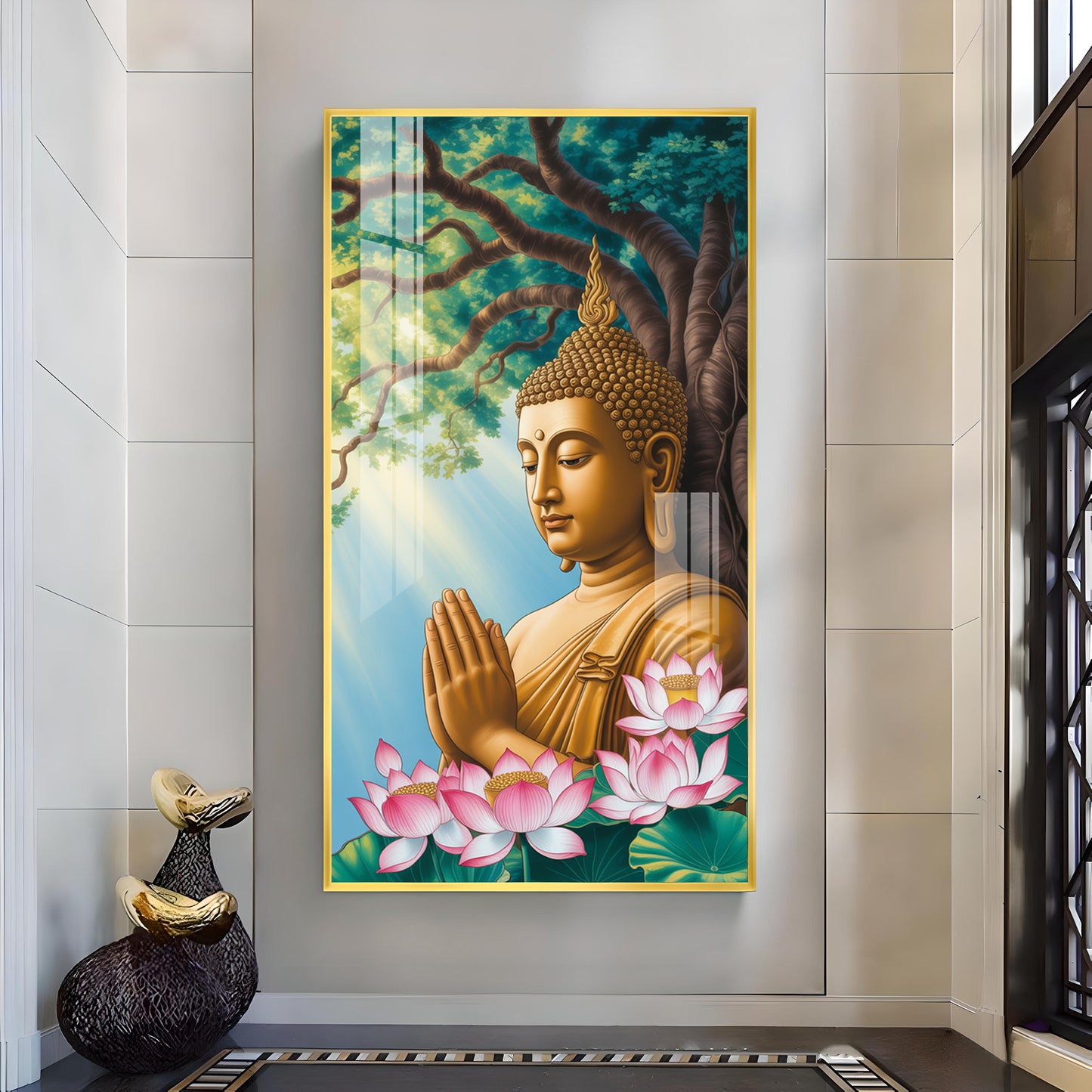 Religious Buddha Glass Finish Vertical Wall Art