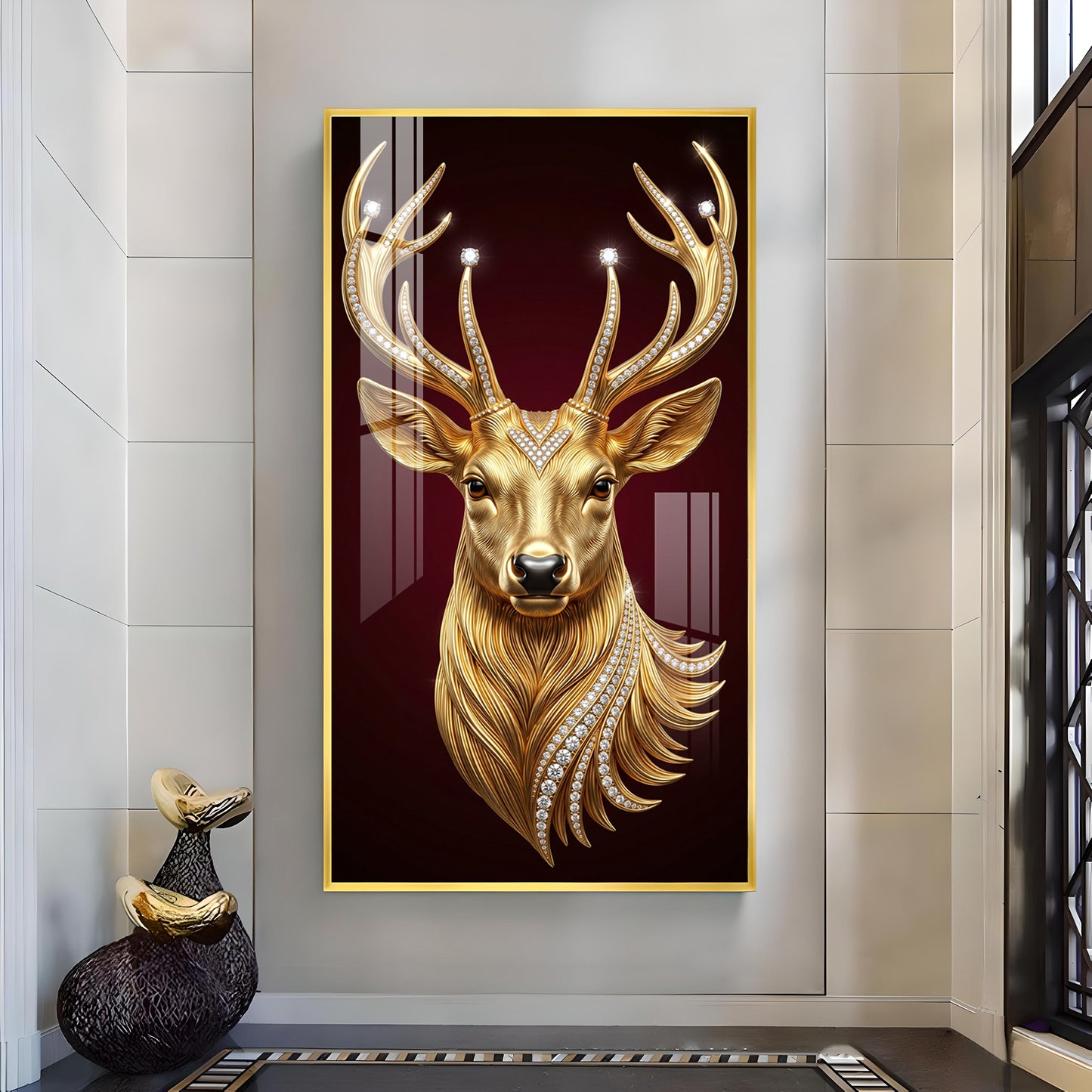 Golden Deer Head Glass Finish Vertical Wall Art