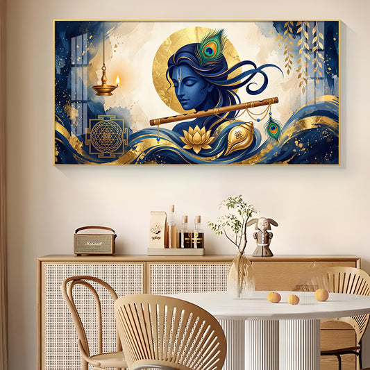 Lord Krishna With Yantra Glass Finish Horizontal Wall Art
