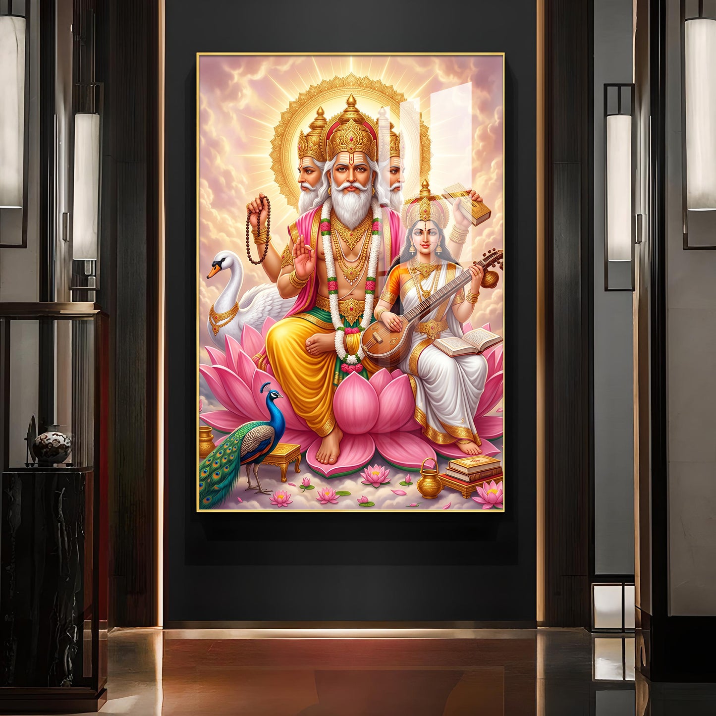 God Brahma Alongside Saraswati Glass Finish Vertical Wall Art