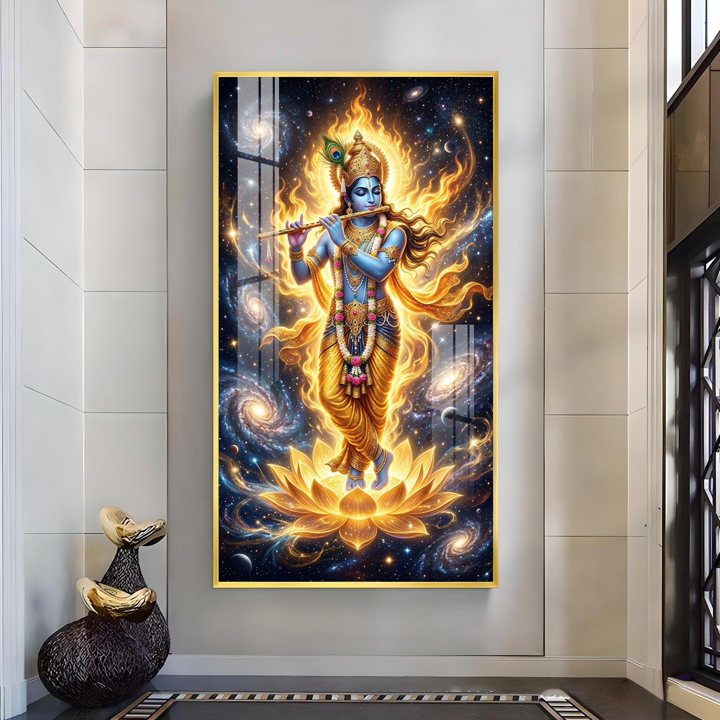 Lord Krishna Playing Bansuri Glass Finish Vertical Wall Art