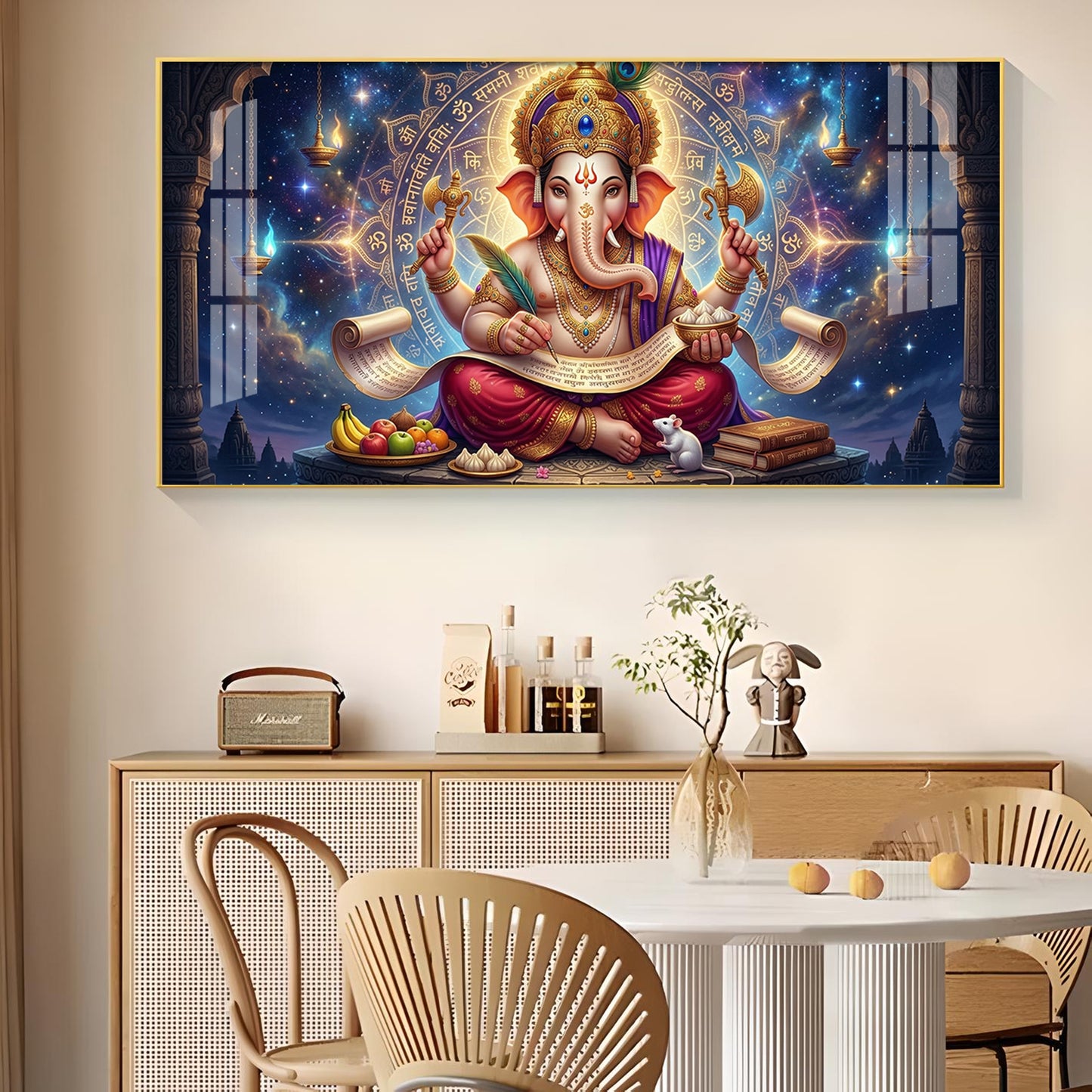 Lord Ganesha Glass Finish Horizontal Wall Art