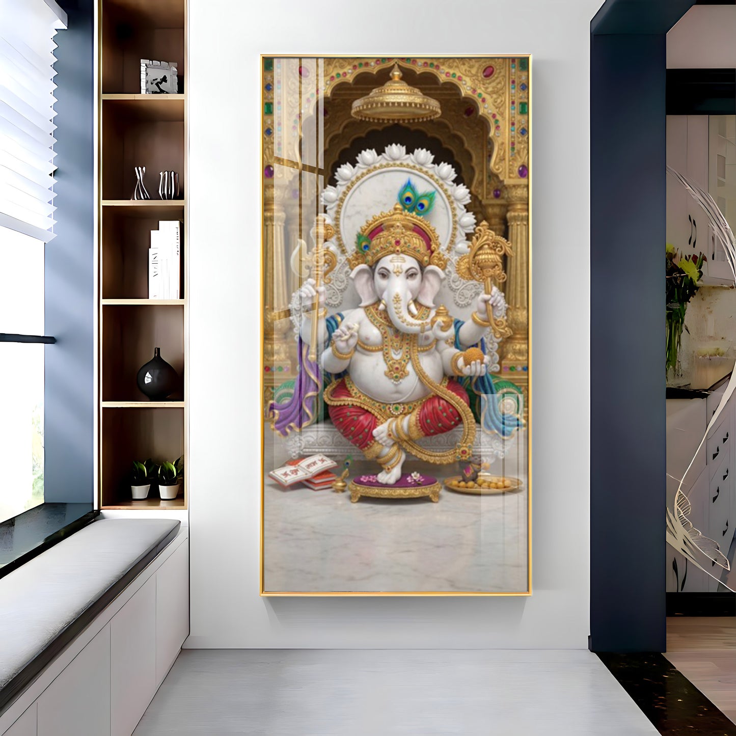 Elegant Lord Ganesh Ji Glass Finish Vertical Wall Art