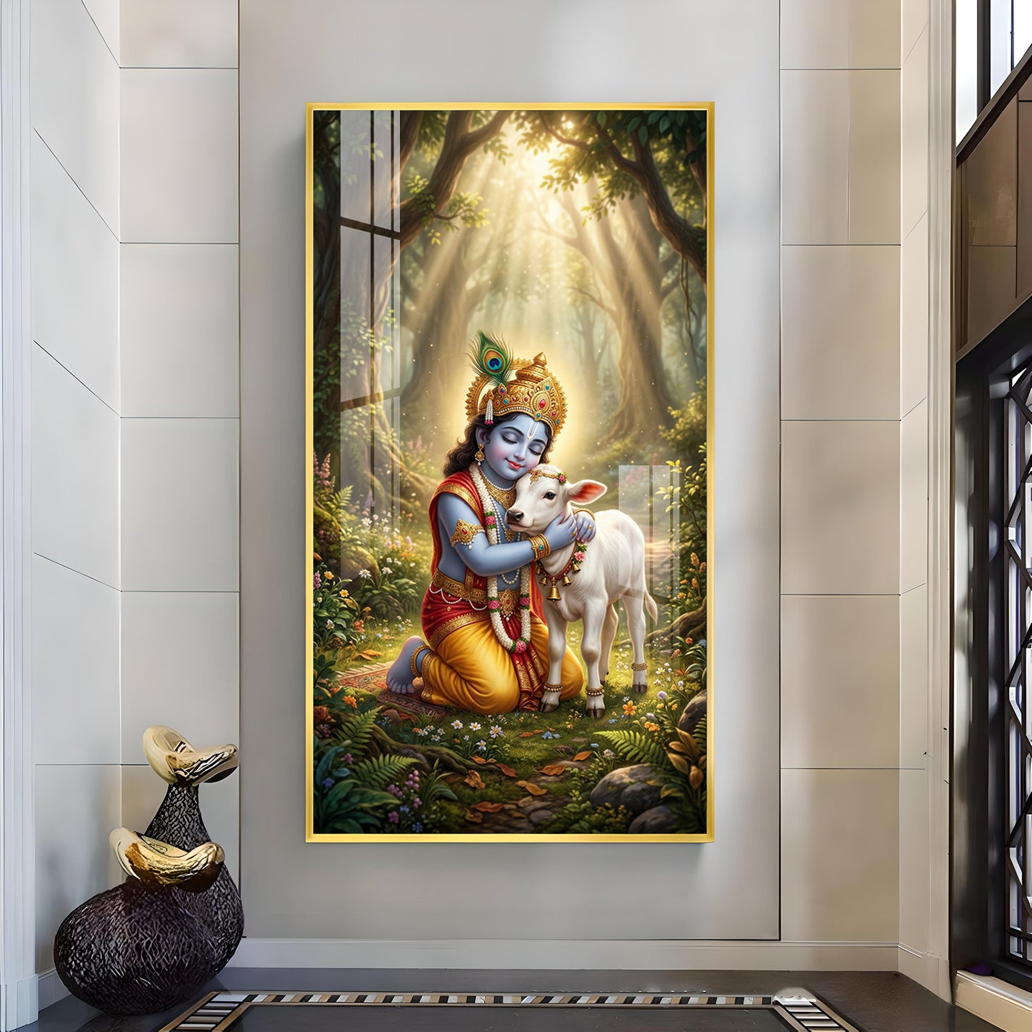 Bal Krishna With Calf Glass Finish Vertical Wall Art