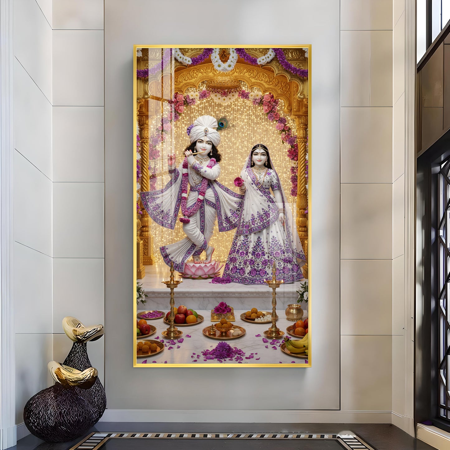 Depicting Radha & Krishna Glass Finish Vertical Wall Art