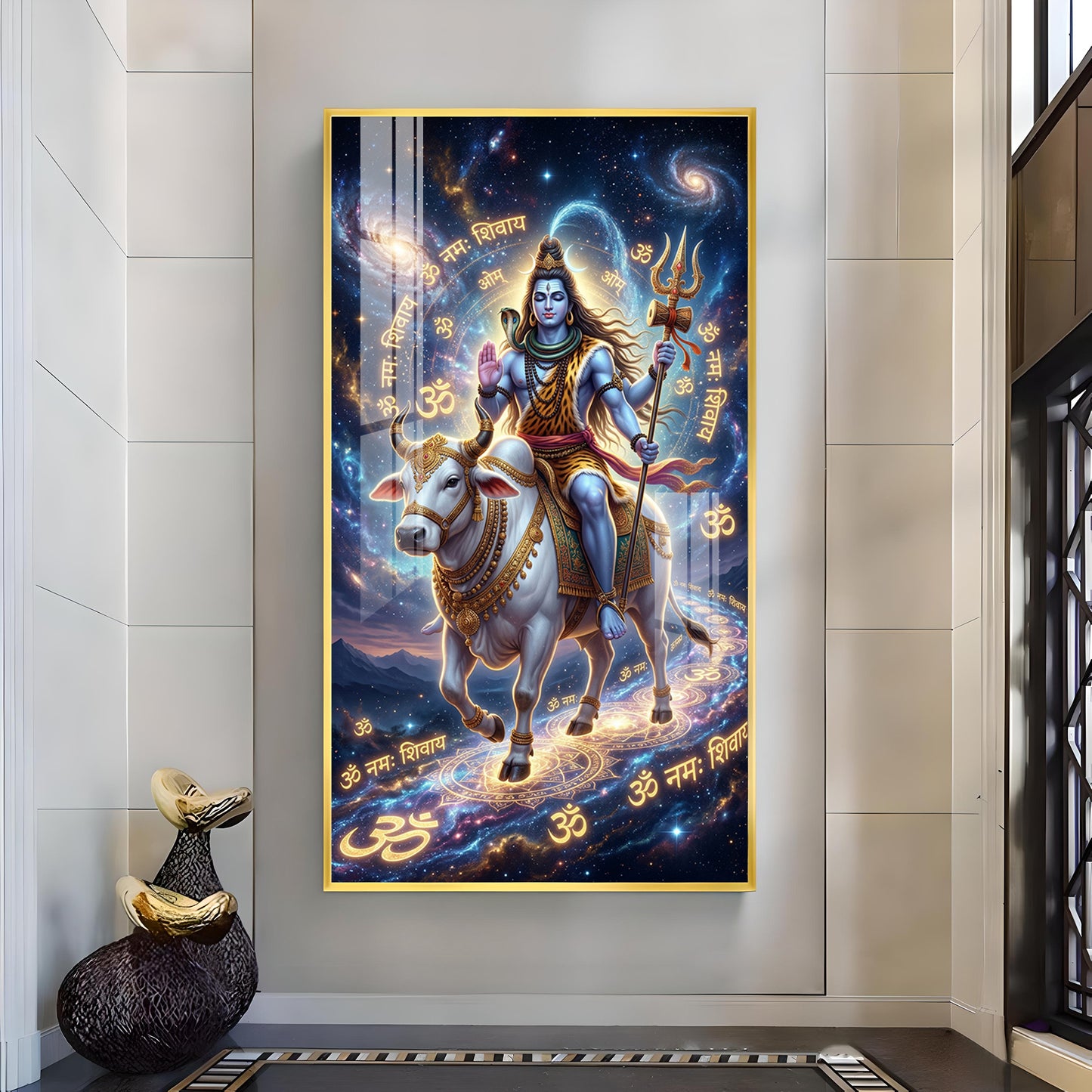 Lord Shiva With Nandi Glass Finish Vertical Wall Art