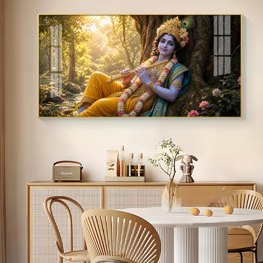 Lord Krishna Glass Finish Horizontal Wall Art